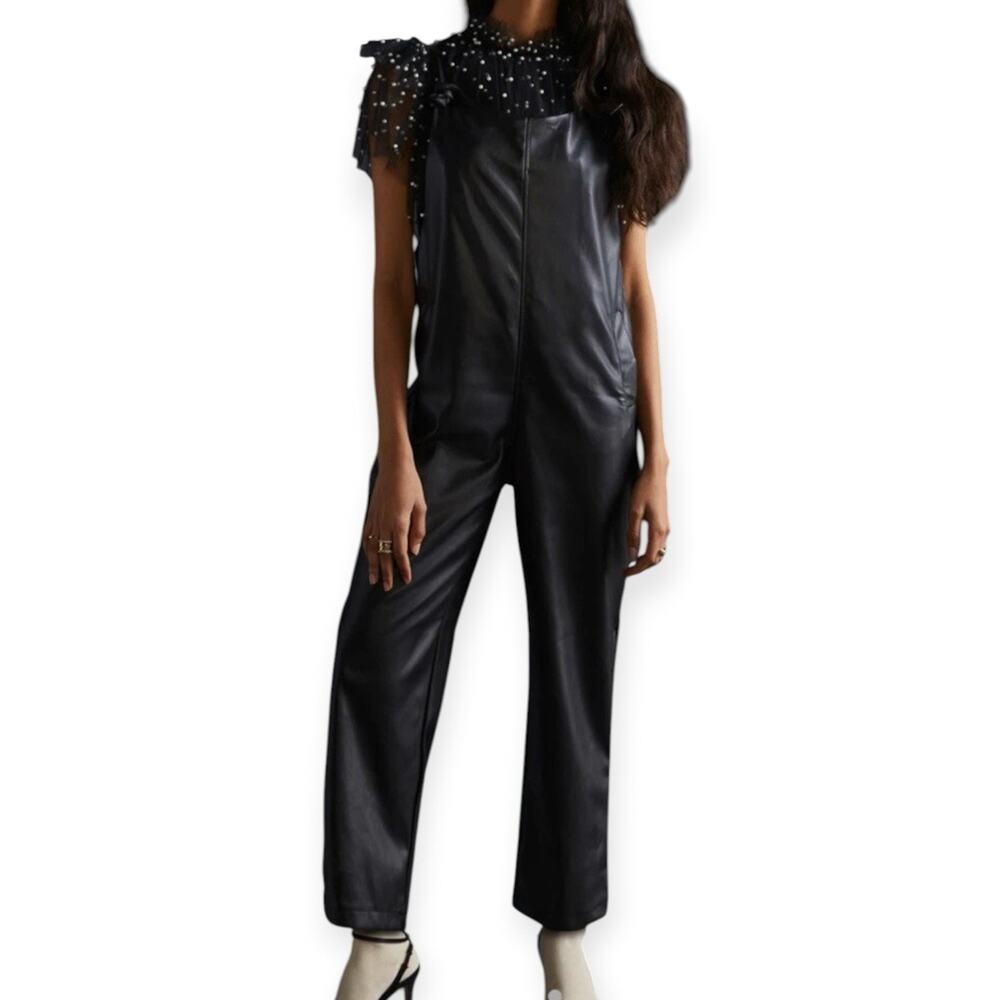 NWT Anthropologie Little Lies Faux Leather Straight Leg Jumpsuit Black Medium